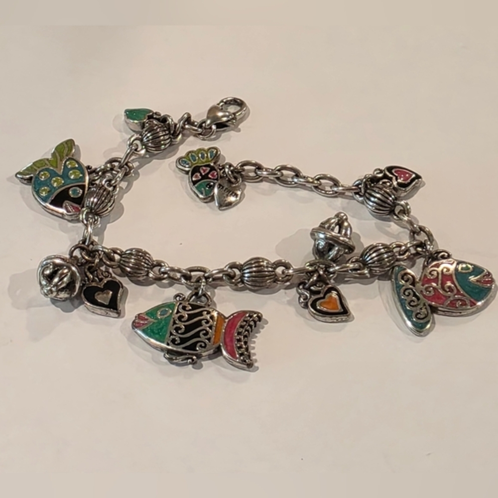 Brighton Silver Tone Charm Bracelet‎ with Fish Heart Butterfly Accents Charms
